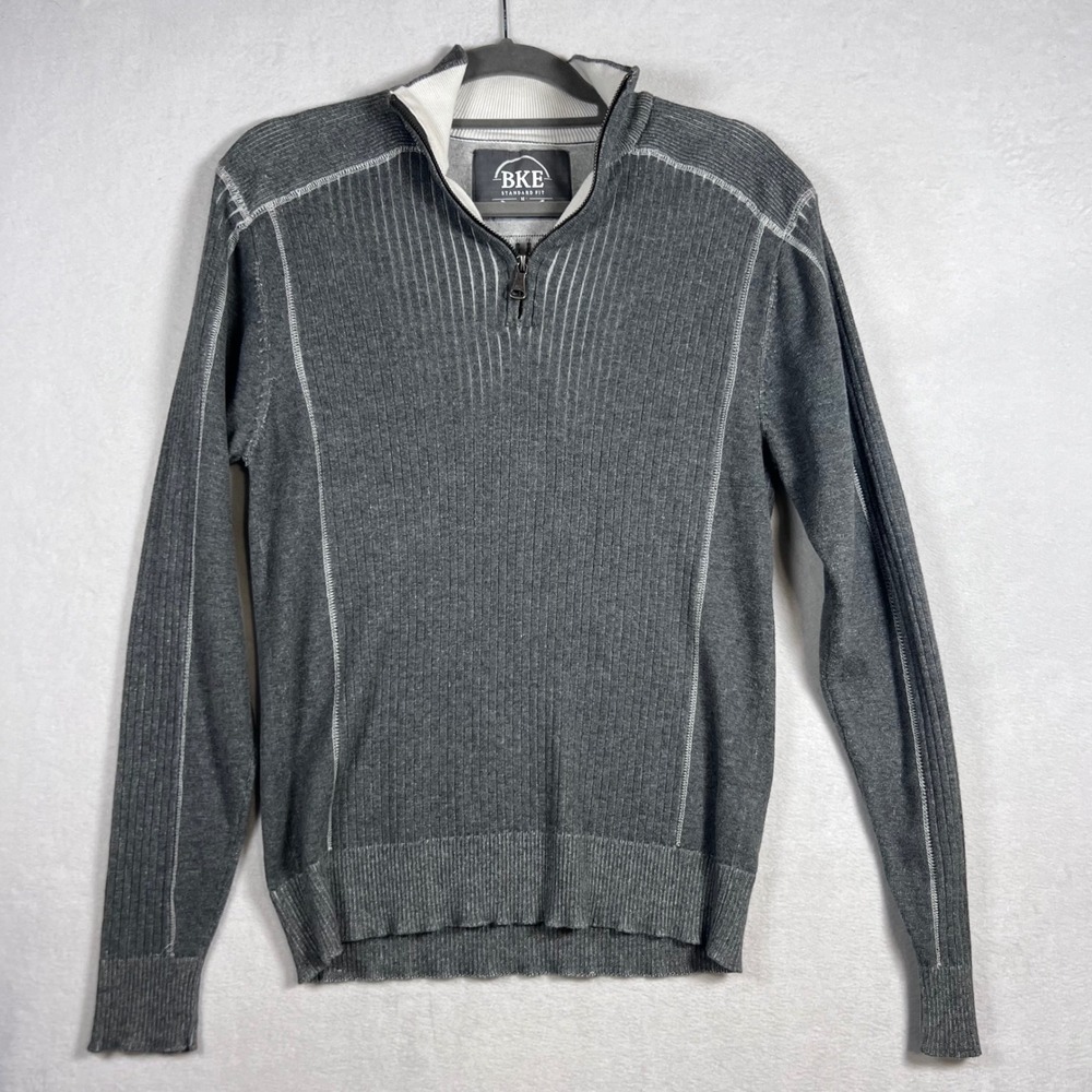 BKE Mens Quarter Zip Sweater Charcoal Gray Ribbed Cotton‎ Standard Fit Medium